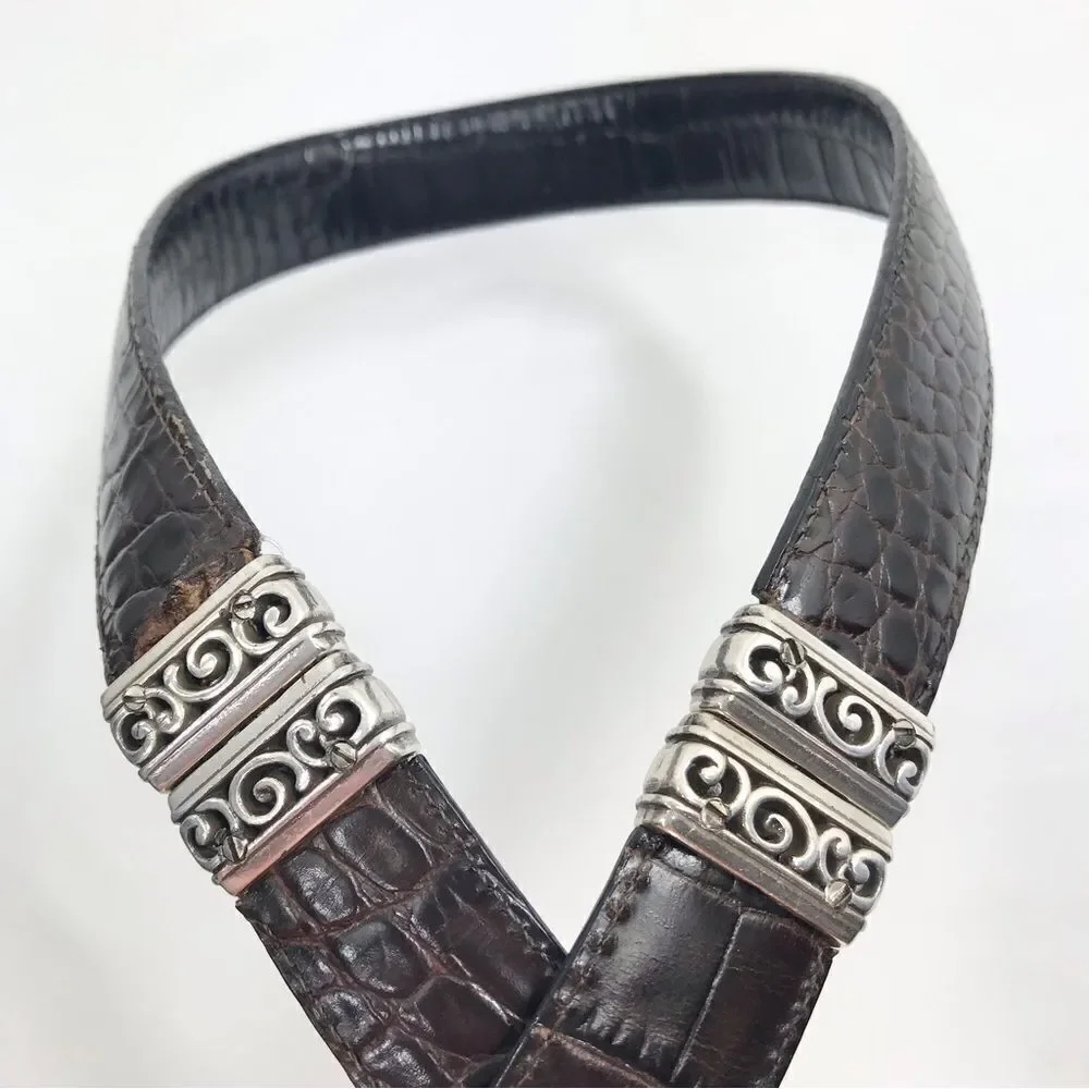 Brighton Black Brown Reptile Embossed Silver Scroll Hardware Reversible Belt